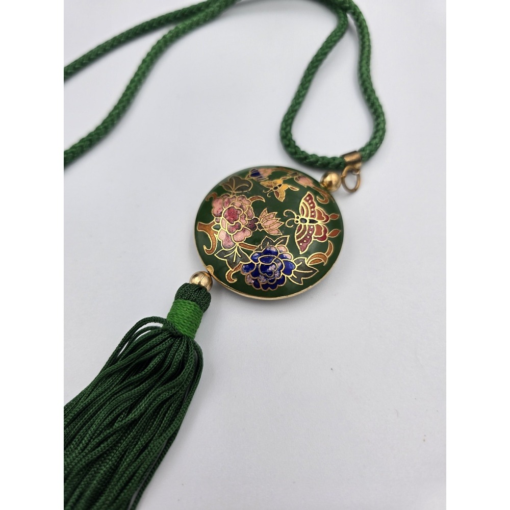 Vintage Asian Cloisonne Enamel Floral Butterfly Green Tassel Pendant Necklace